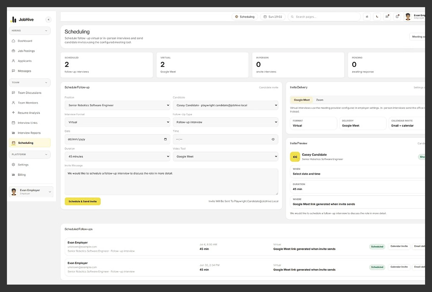 JobHive interview scheduling dashboard