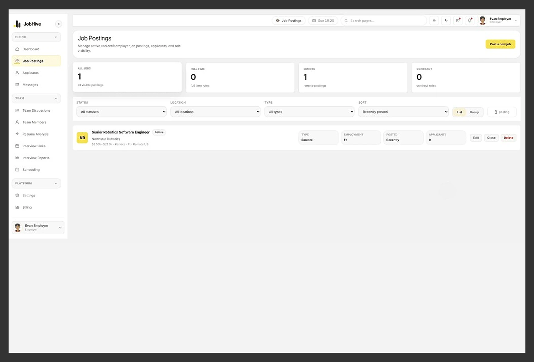 JobHive role setup screen for configuring AI interviews
